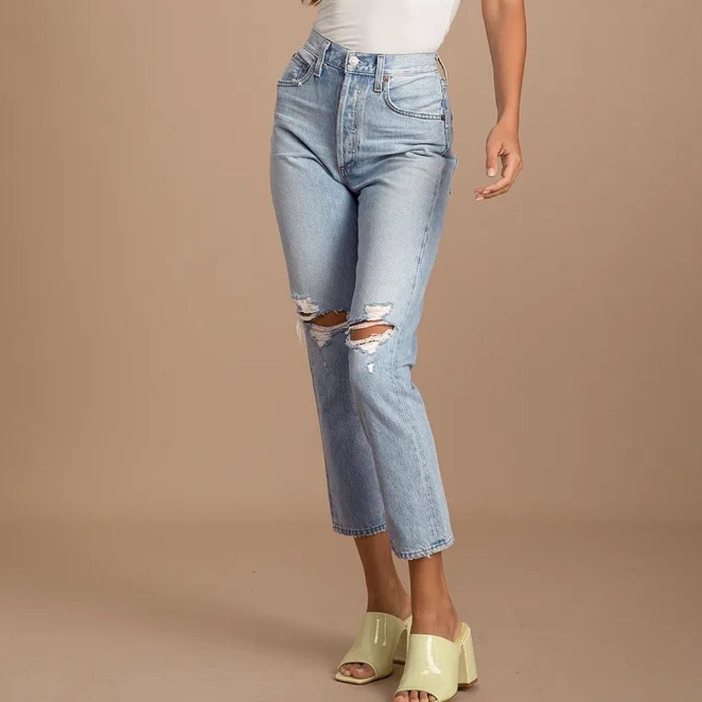 AGOLDE RILEY HIGH RISE STRAIGHT CROP JEANS RIGID DENIM DISTRESSED/RIPPED sz 27